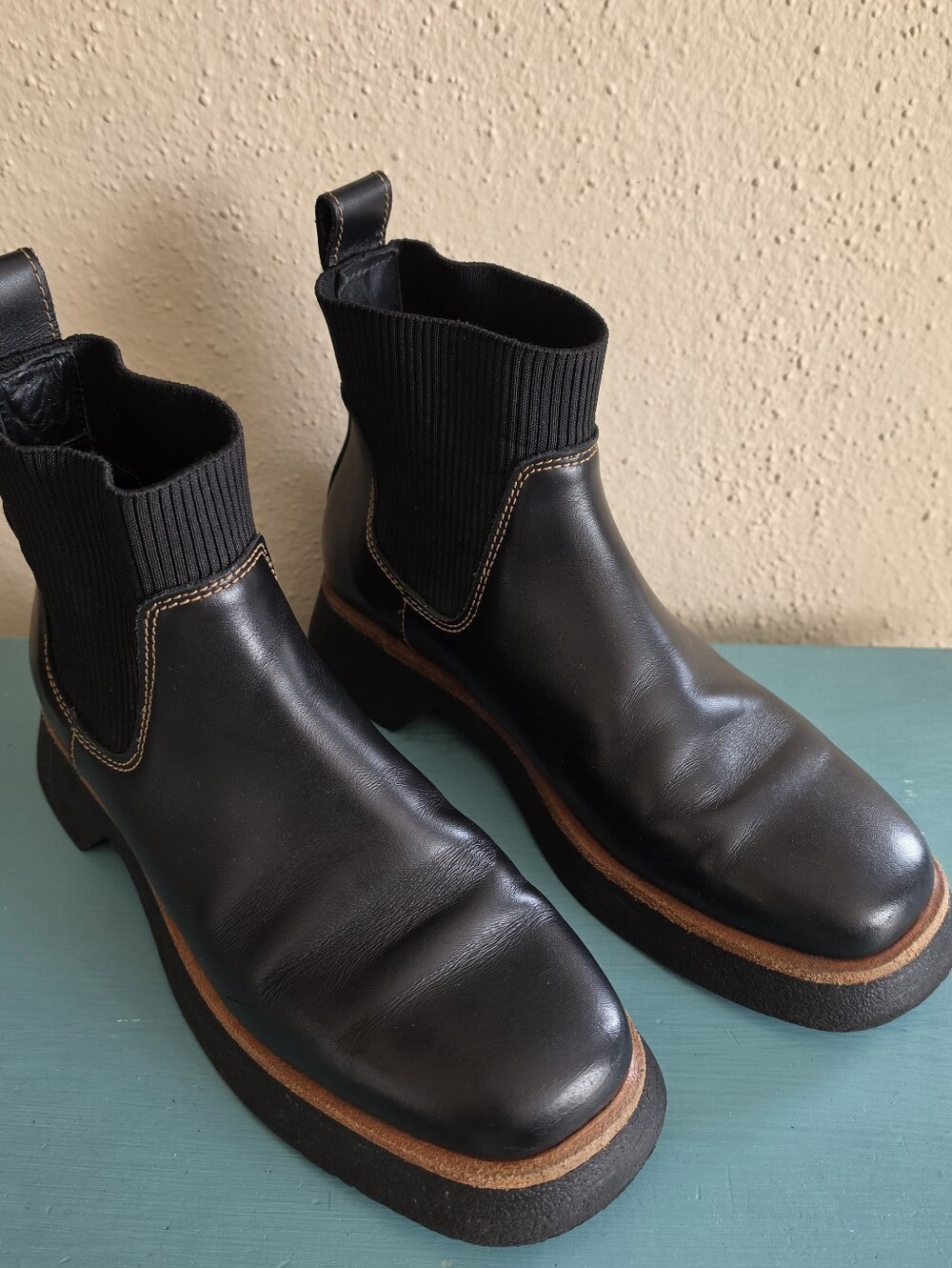 COS Chelsea Square Toe Boots Black Leather Pull On Size 8